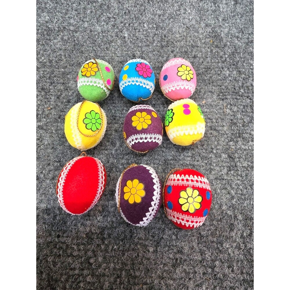 9 Vintage Easter Flocked Eggs 1" Ornaments Lace & Flower MCM